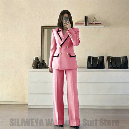 Women's Red Suit Two Piece Set Double Breasted Blazer with Black Trim and Pants Elegant Formal Fashion Daily Casual Party Tuxedo Good Vibrations