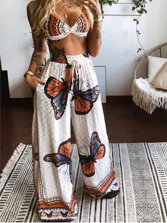 Sexy Two Piece Set Women Outfit 2025 Summer Butterfly Print V-Neck Cropped Top High Waist Drawstring Casual Wide Leg Pants Sets Good Vibrations