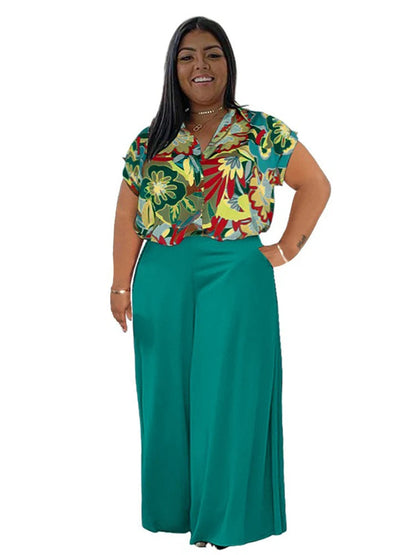 Woman 2 Piece Outfit Set Plus Size Summer Casual Suit Set Floral Print Shirt Pants Set Basic Lounge Wear Good Vibrations