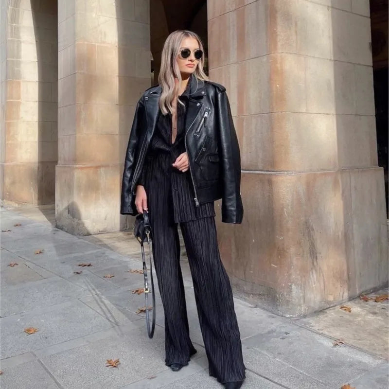 New Two Piece Set Women Outfits Pleated Women's Elegant  Drape Loose Sets Shirt High Waist Trousers Female Suit Fashion Casual Good Vibrations