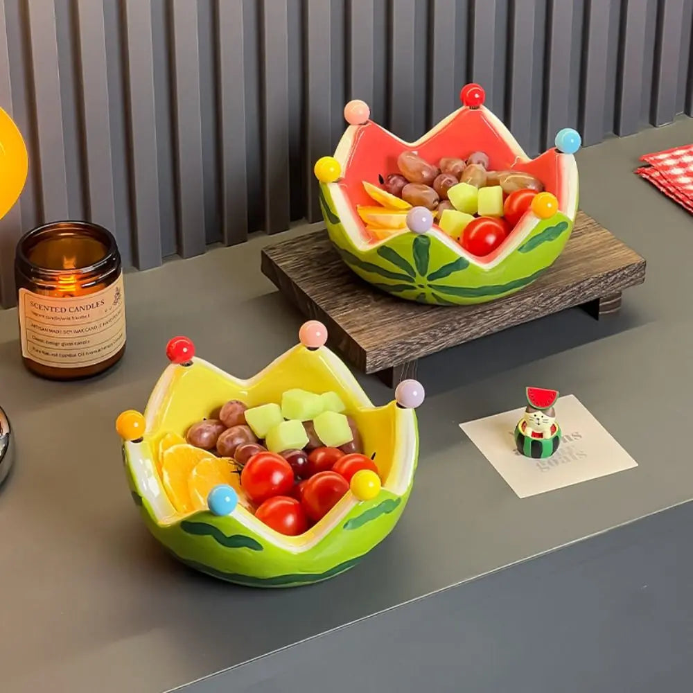 Ceramic Watermelon Shape Fruit Plate Cute Large Capacity Fruit Fork Dish with Forks Dessert Salad Bowl Cake Good Vibrations