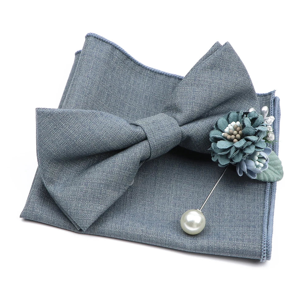 Mens Wedding Bowtie Brooch Set Romantic Solid Color Bamboo Fiber Bowknot Flower Lapel Pin Blue Pink Cravat Suit Shirt Accessory Good Vibrations