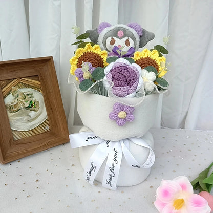 Hug bucket Hello Kitty Kuromi Cinnamoroll Plush bouquet  Handmade Knitting Sunflower Rose Flower Valentine's Day Birthday Gift Good Vibrations
