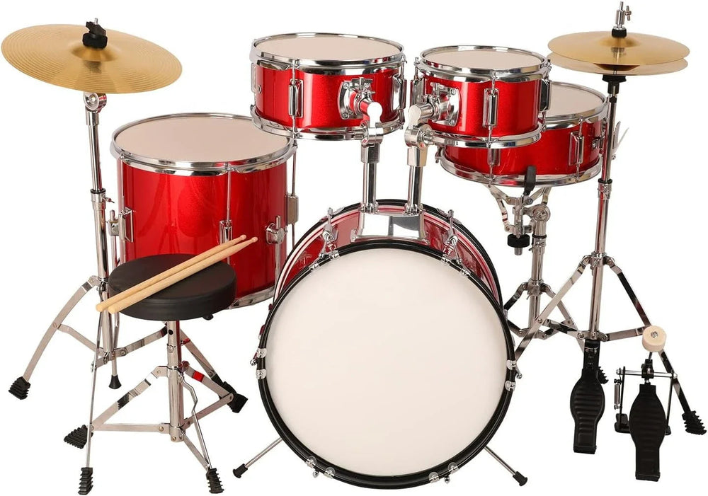 Kids 5-Piece Complete Junior Drum Set with Genuine Brass Cymbals with 16" Bass Drum, Tom-Tom, Snare, Cymbals, Hi-Tone Good Vibrations