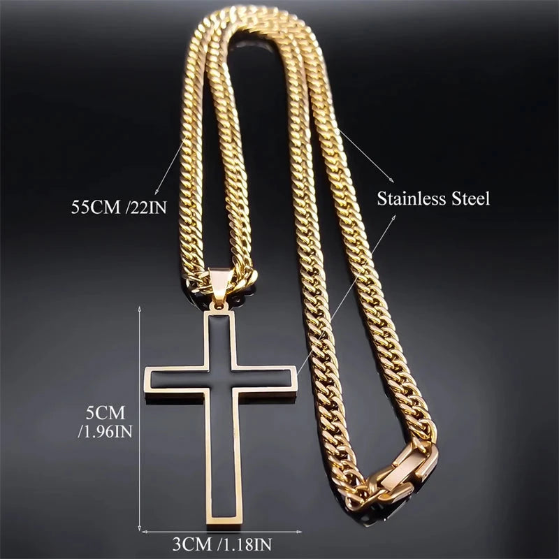 Punk Hip Hop Black Cross Pendant Necklace for Women Men Stainless Steel Gold Color Male Jesus Christ Chain Jewelry colar N8236S0 Good Vibrations
