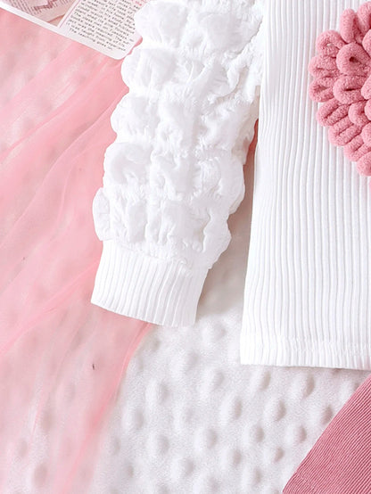 2PCS Winter New Style For 0-3 Year Old Girls, Comfortable Sweet And Cute Bubble Sleeves, Love Chapter Top + Pink Short Skirt Set Good Vibrations