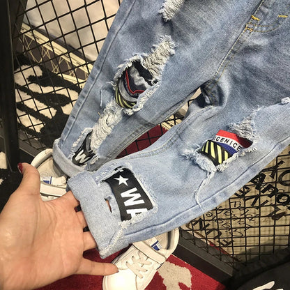 Boys Jeans Fashion Hole New Children Straight Cylinder Casual Jeans Spring Autumn Korean Style Elastic Waist Kids 3-8Ys Trousers Good Vibrations