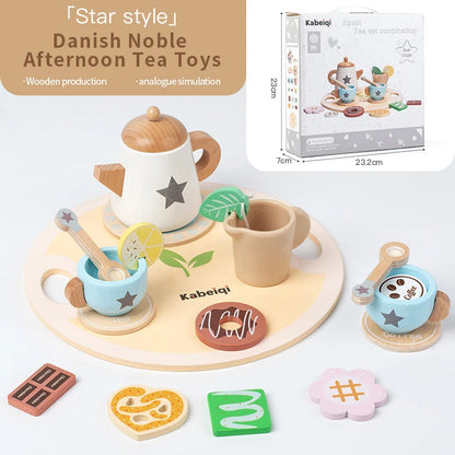 Wooden Kitchen Play Toys Kitchen Simulation Tea Set Afternoon Tea Activity Games Pretend Play Kitchen Accessories Toy for Kids Good Vibrations