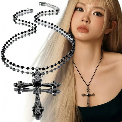 Gothic Cross Necklace for Women Men Vintage Long Layered Pendant Necklace Dark Aesthetic Choker Punk Y2K Jewelry Accessories Good Vibrations