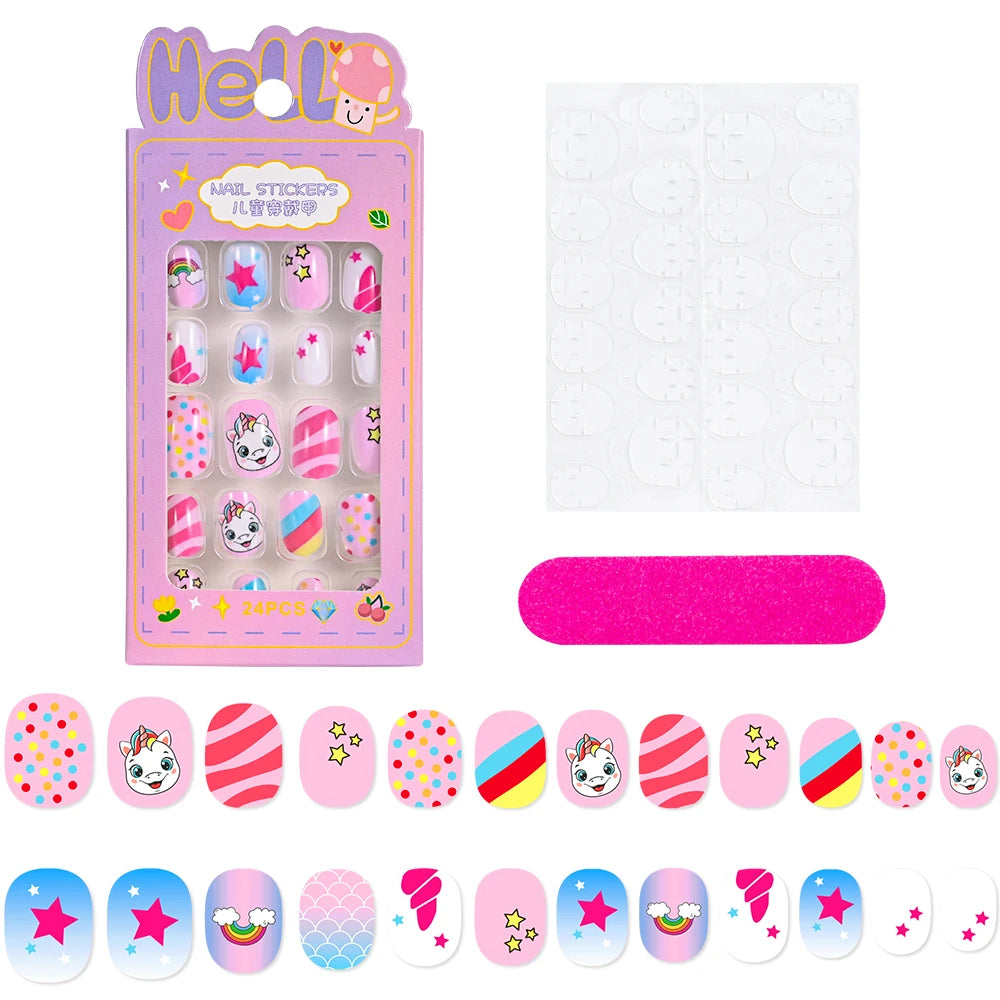 24Pcs/box Kids nails for Girl Cartoon Pattern False Nail Cute Child Fake Nails Tips Kawaii Acrylic Artificial Press on Nail+Tool Good Vibrations