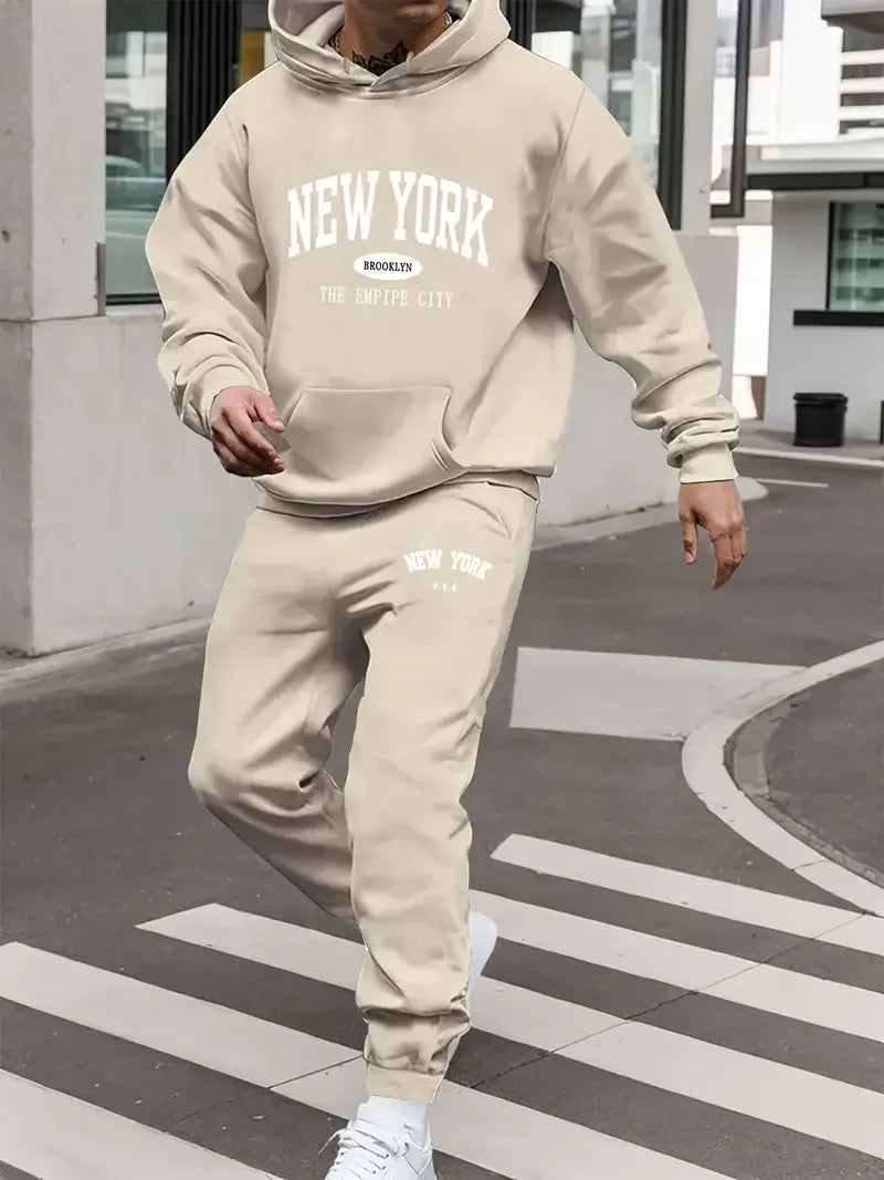 Men's Velvet Thickened Sports Set New York Letter Printed Spring and Autumn Hoodie Set Long Sleeve Casual Comfortable Pocket Hoo Good Vibrations
