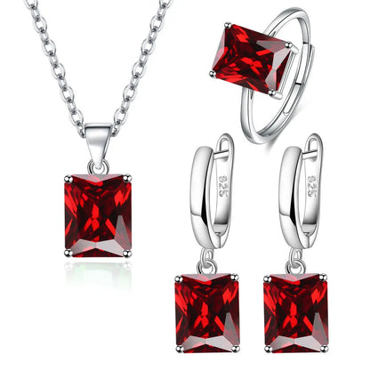 925 Sterling Silver  Elegant Jewelry Sets Ring Earrings Necklace For Women Rectangle Geometry Zircon Wedding Accessories Good Vibrations Adult Super Store