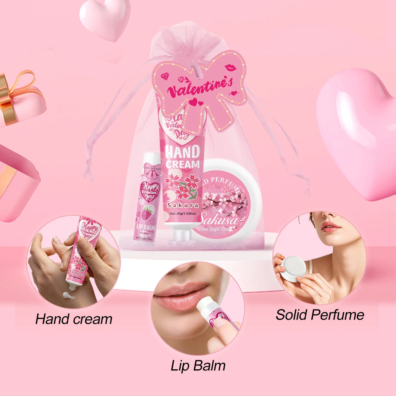 Gift sets 20PCS/box bulk thank you gifts assembly distribution lip balm hand cream perfume pink gift bag and bow card Good Vibrations