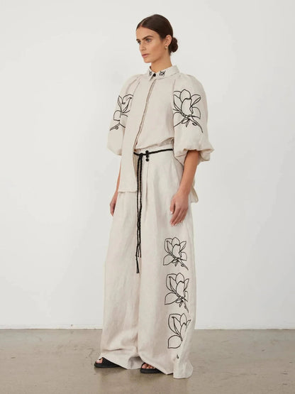 Women Lounge Sets Cotton Linen Stand Collar Lantern Sleeve Loose Flower Tops Wide Leg Oversize Pants Suit Casual Women Outfits Good Vibrations
