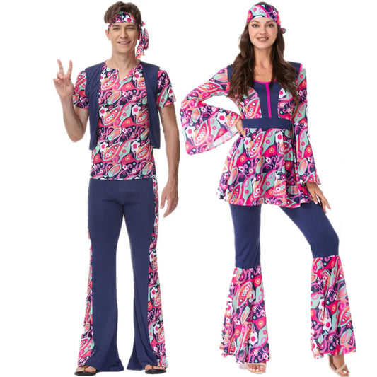 Halloween Hippie Costumes Set For Couple Women Men Vintage 1970s Disco Stage Performance Dancing Suit Rock Hippies Cosplay Fancy Good Vibrations