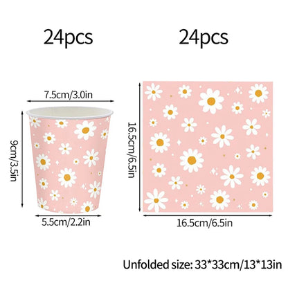 24pcs 7/9inch Pink Daisy Theme Disposable Tableware Flower Plate Napkin Straws Banner Birthday Party Baby Shower Wedding Decor Good Vibrations