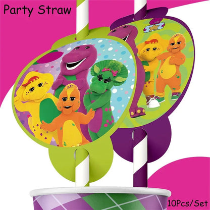 Barney Theme Birthday Party Decorations Cake Topper Birthday CUP Napkin PLATE Straw Swirls Stickers KidsParty Supplies Decor Good Vibrations