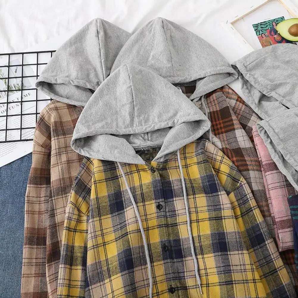 Plaid print women shirts hoodie coats with grey hoods and drawstring in yellow, brown, and pink colors