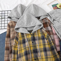 Autumn Women Shirts Hoodie Coat Plaid Print Loose Hooded Long Sleeves Drawstring Cardigan Single-breasted Buttons Spring Jacket Good Vibrations