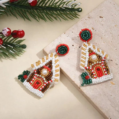 1 Pair Of Fashionable Christmas House Rice Bead Earrings For Women's Party Exaggerated Personality Pure Handmade Bead Earrings Good Vibrations