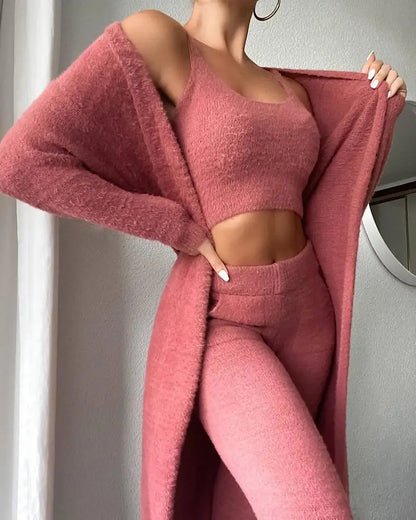 Fall Women Pant Sets Sweater Pajamas For Women Set Cozy Lounge Wear Fuzzy Fleece Sleepwear With Robe 3 Pieces Lounge Wear Sets Good Vibrations