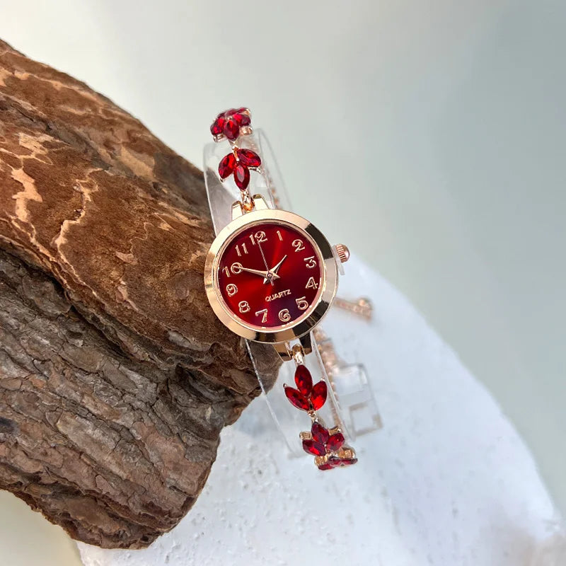 Round alloy case Arabic numeral classic dial leaf-shaped diamond-encrusted fashionable bracelet elegant ladies quartz watch Good Vibrations Adult Super Store