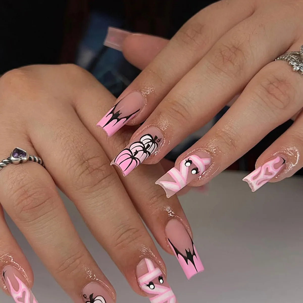 24pcs Gradient Pink French Style Press On Nails Cute Bandage Ghost Pumpkin Printed Halloween Fake Nails Medium Coffin False Nail Good Vibrations