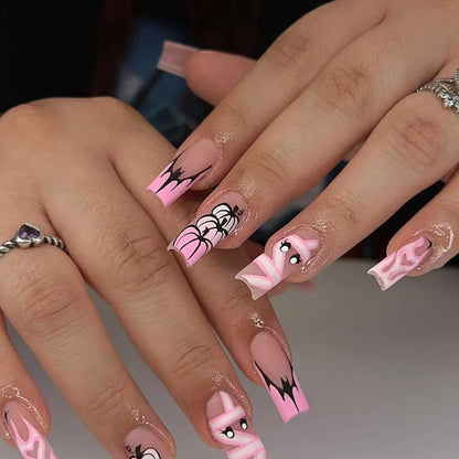 24pcs Gradient Pink French Style Press On Nails Cute Bandage Ghost Pumpkin Printed Halloween Fake Nails Medium Coffin False Nail Good Vibrations