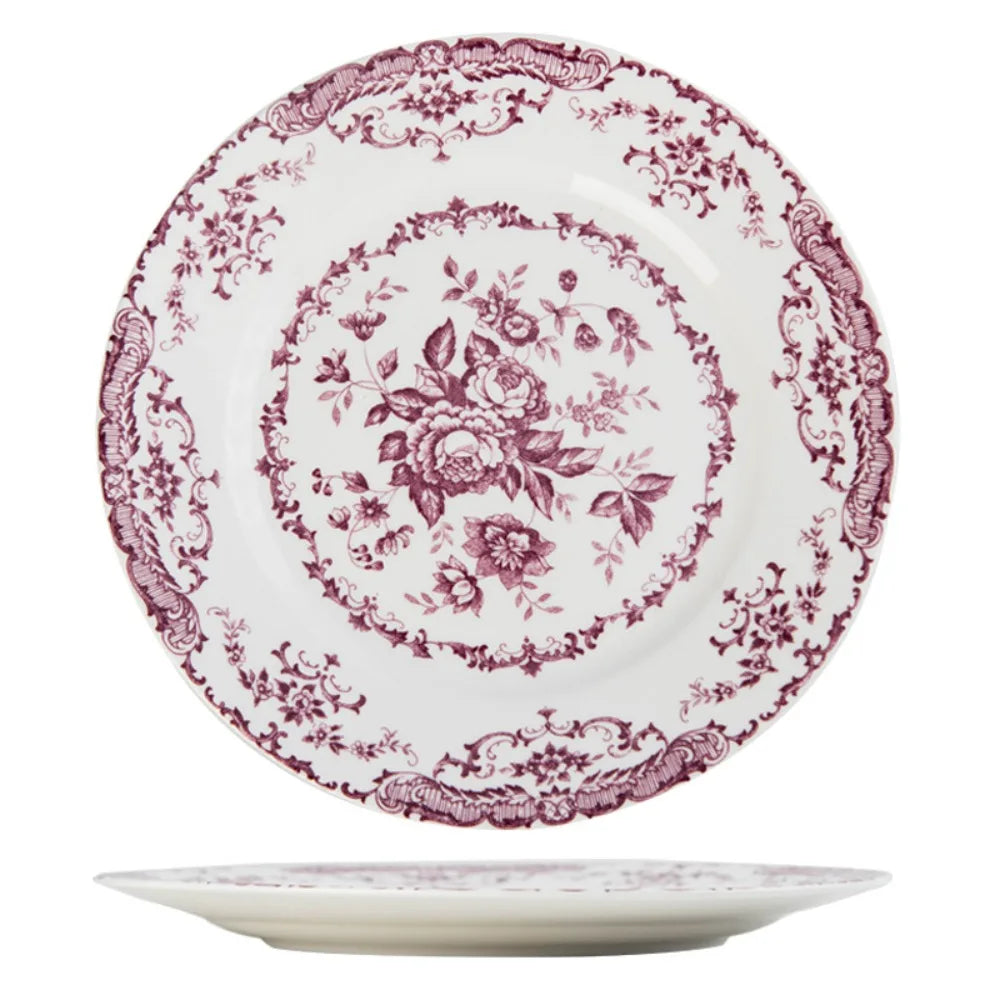 Dinner Set Retro Nordic Flower Pattern Disc Ceramic Elegant Dinner Plate Exquisite Round Shallow Plate Kitchen Good Vibrations