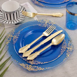 175PCS Blue Gold Plastic Plates Sets, Include 25Dinner Plates, 25Dessert Plates, 25Cups, 25Forks, 25Knives, 25Spoons, 25Napkins Good Vibrations
