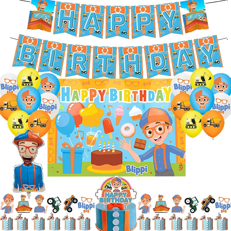 New Blippiing Birthday Party Decoration Foil Balloon Backdrop Banner Cake Topper Baby Birthday Party Supplies Good Vibrations