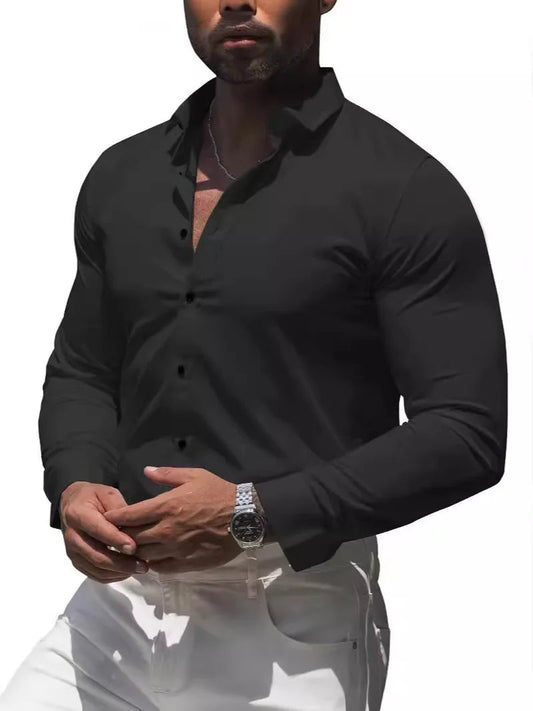 Men's formal shirt, summer long-sleeved, thin, business casual, breathable, no-iron, slimming, solid black color Good Vibrations