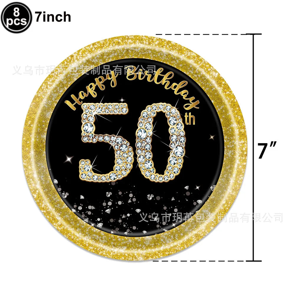 50th Birthday Party Supplies for Men Women Black and Gold 50 Years Old Party Paper Plates Cups Napkin Tablecloth Tableware Decor Good Vibrations