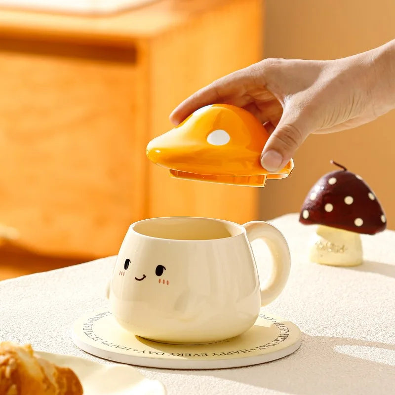 Mushroom Ceramic Mug with Lid Creative Couple's Cup Latte Mug Milk Cup Oat Cup Breakfast Cups Home Drinking Cups Tea Cups Good Vibrations