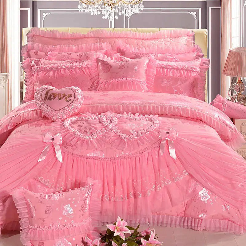 Luxury Wedding Bedding Sets Queen King Size Pink Princess Lace Bedcover Set Jacquard Duvet Cover Bed Sheet Pillowcases Good Vibrations
