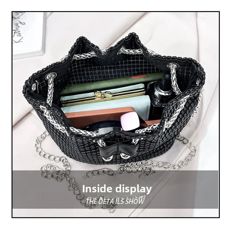 Women's Crossbody Bag with Embellished Cord Strass, Multifunctional Bucket Bag Formal Daily Use Good Vibrations