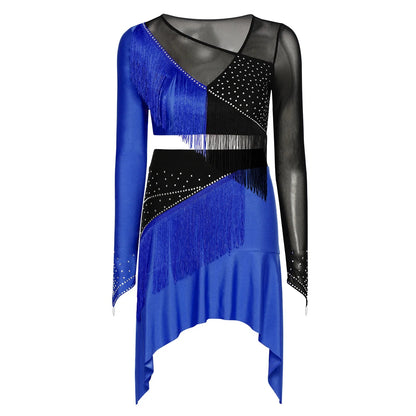 Women Lyrical Dance Outfit Set Modern Contemporary Dancewear Tassel Long Sleeve Mesh Crop Top with Skirted Leotard Ballet Outfit Good Vibrations