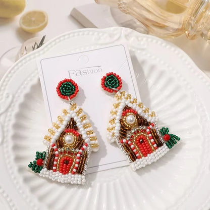 1 Pair Of Fashionable Christmas House Rice Bead Earrings For Women's Party Exaggerated Personality Pure Handmade Bead Earrings Good Vibrations