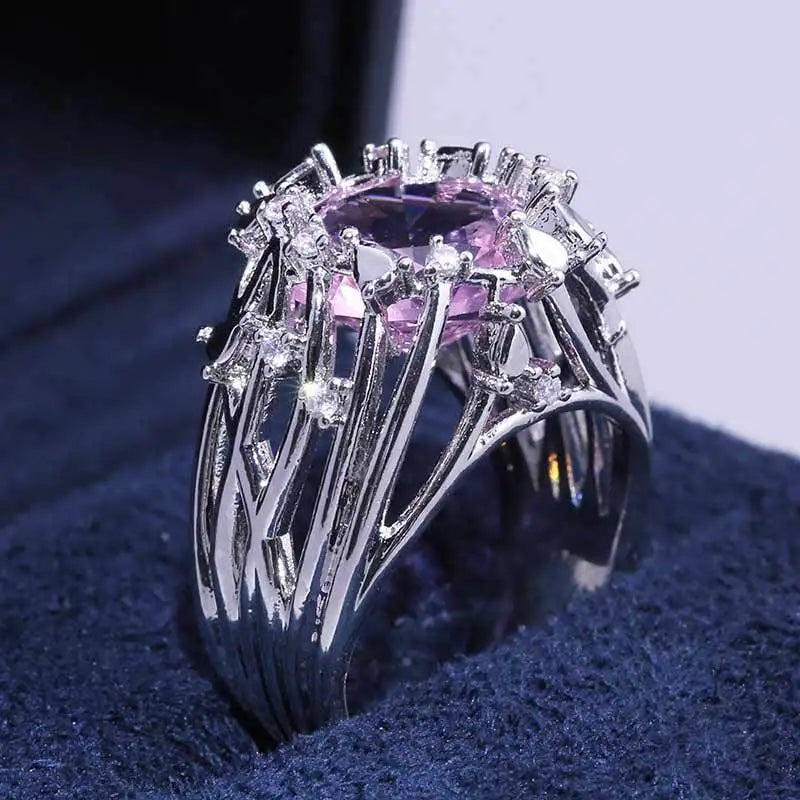 Pink Cubic Zirconia Ring Suitable for Women's Engagement Wedding Luxury Accessories Sparkling Silver Fashion Jewelry Good Vibrations