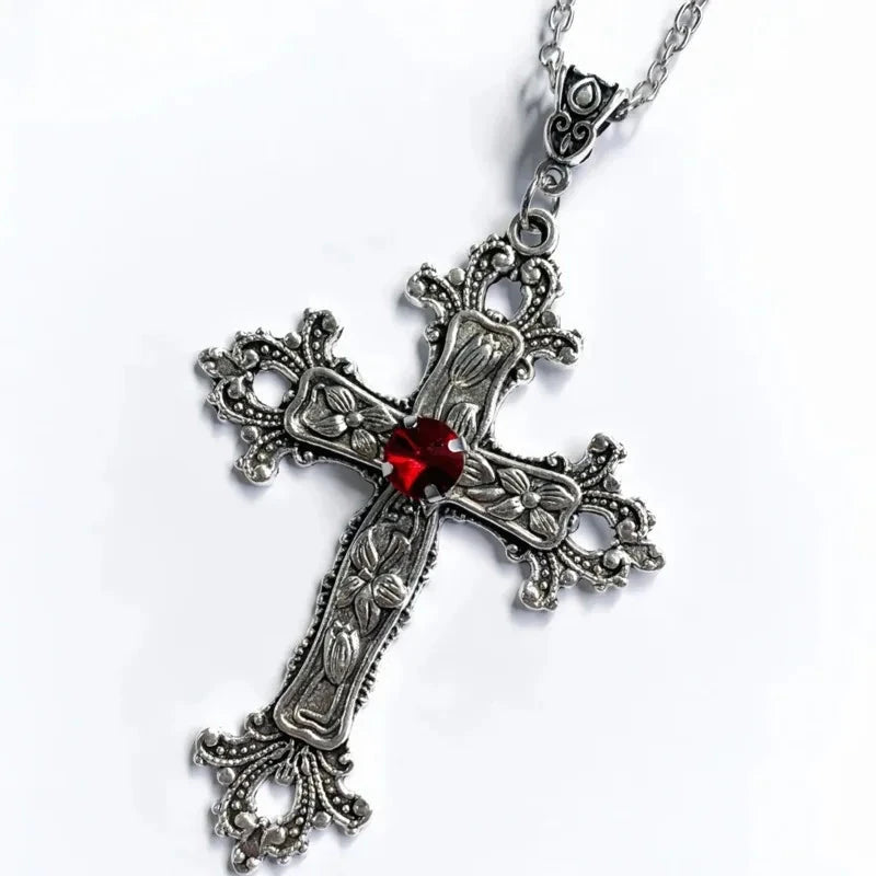 Gothic Irregular Cross Clavicle Chain Necklaces Y2K Punk Crystal Big Cross Pendant Necklaces for Women Men Aesthetic Jewelry Good Vibrations