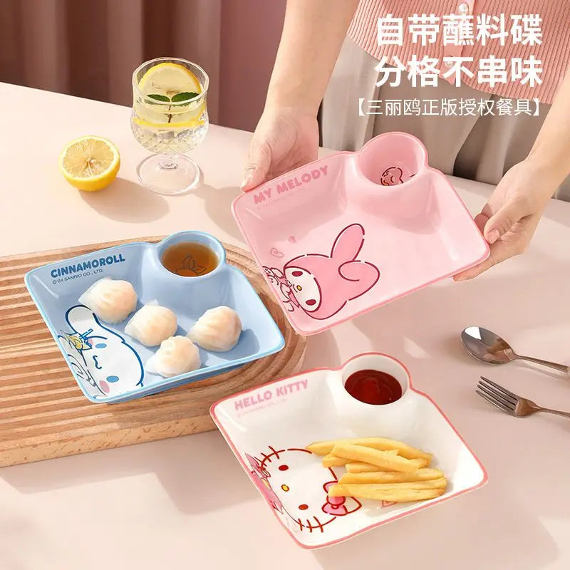 Cute Cartoon Sanrioed My Melody Hellokitty Cinnamoroll Ceramic Dumpling Plate with Vinegar Dish for Children's Breakfast At Home Good Vibrations