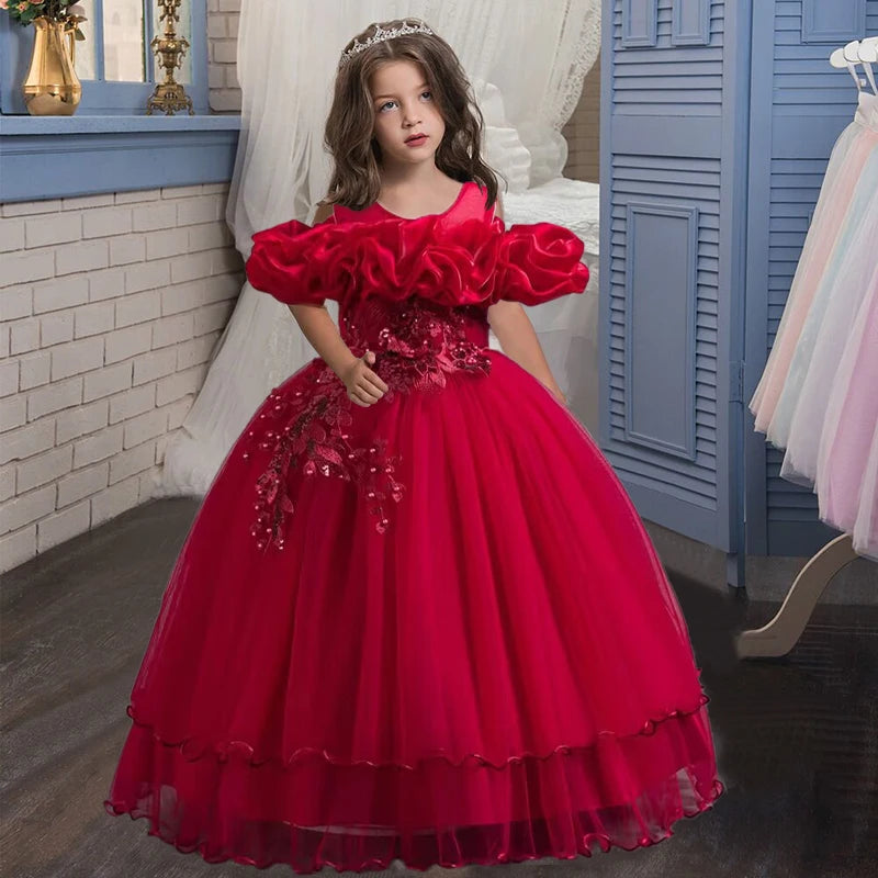 New Elegant Girl Party Dress Long Wedding Bridesmaid Dress 4-13 Year Old Mesh Embroidered Graduation Ball Evening Dress Good Vibrations