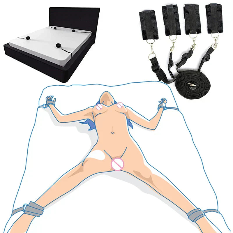 BDSM Sex Bed Restraint System with Nylon Handcuffs and Ankle Cuffs for Couples