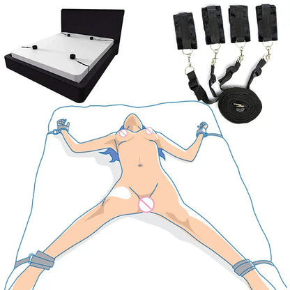 BDSM Sex Bed Restraint System with Nylon Handcuffs and Ankle Cuffs for Couples