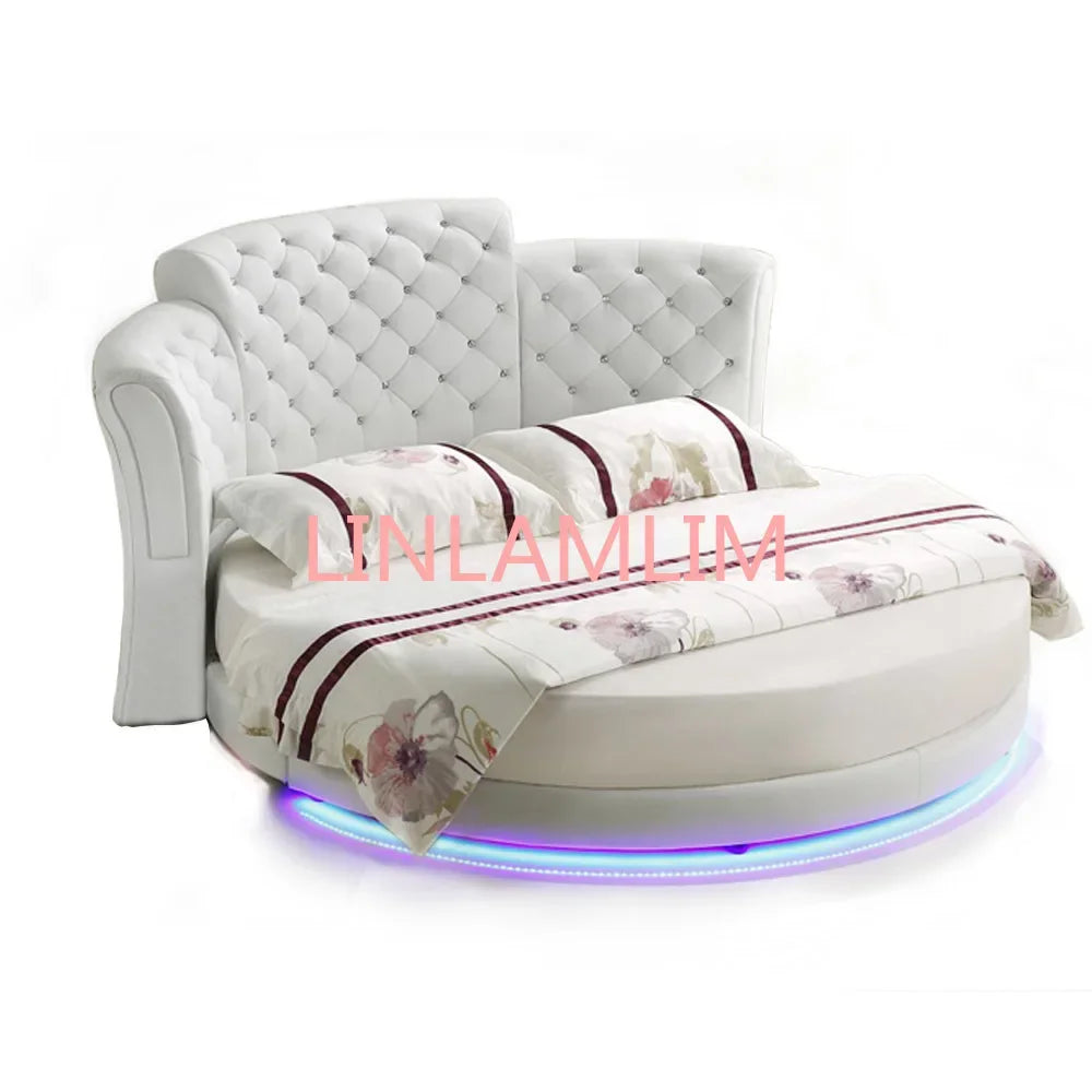 Smart bed frame camas bedroom кровать двуспальная lit beds سرير  muebles de dormitorio мебель LED light round genuine leather Good Vibrations