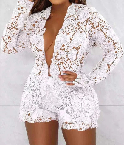 2-piece summer women's outfit with hollow out crochet design, featuring a loose fit and polo-neck, perfect for sexy night fashion in 2024.