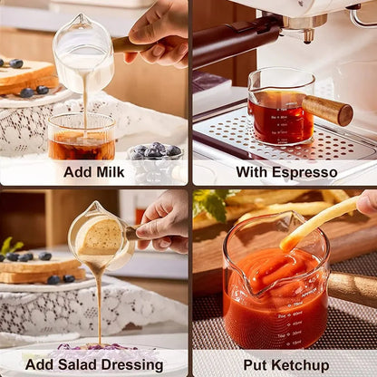 1pc Glass Measuring Cup Wood Handle Glass Espresso Measuring Cup Double Single Mouth Milk Coffee Clear Mug Coffee Supplies Good Vibrations