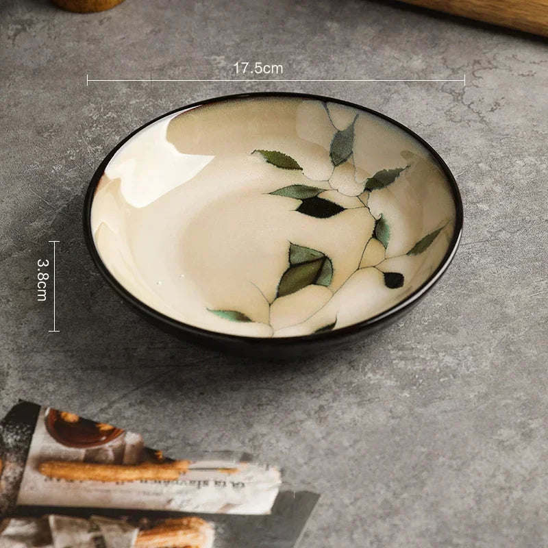Creative Leaf Round Dinner Plate Retro Home Ramen Bowl Luxury Restaurant Delicious Dishes Ceramic Plates Exquisite Tableware Good Vibrations
