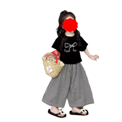 Children's Clothing Sets Bow-Patterned Polo Shirt + Tartan Palazzo Trousers 2pcs Sets Baby Girl Outfit Set Toddler Girl Clothes Good Vibrations