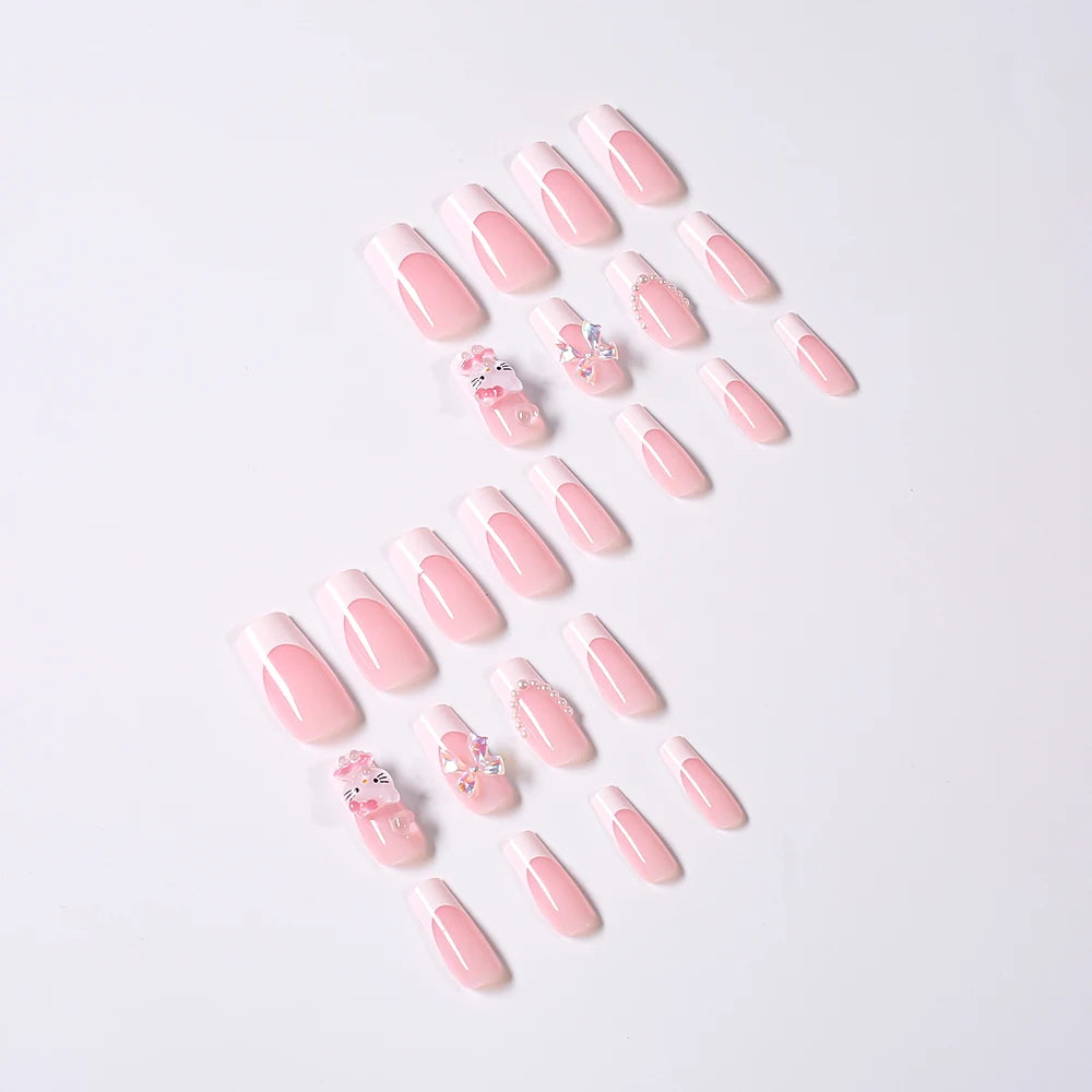 Pink French Fake Nails 3D Pink Hello Kitty, Aurora Bow, Pearl Design False Nail Medium Coffin Shaped Full Cover Press On Nails Good Vibrations